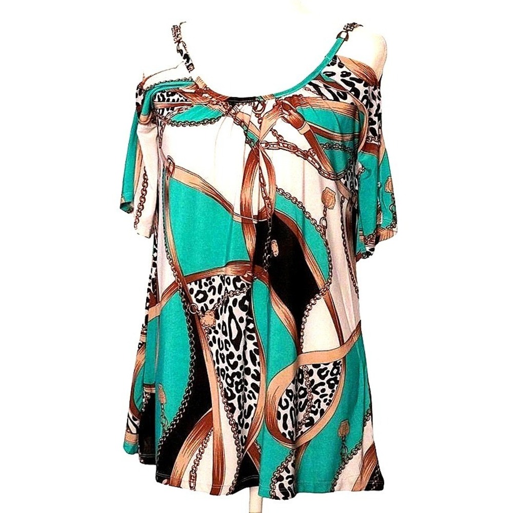 Glam Don't Miss‎ Out Scarf Print Cold Shoulder Top Women M Teal Leopard Chain